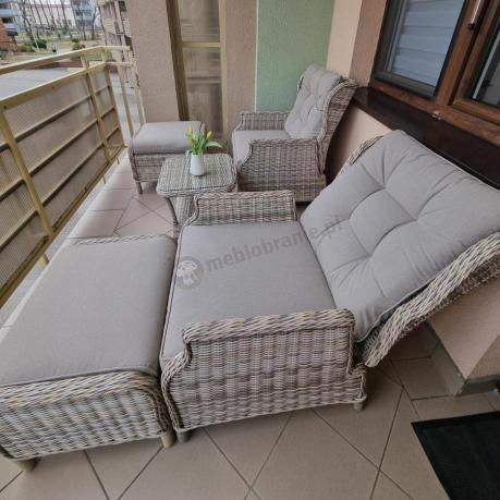 Meble technorattan dwa regulowane fotele + podnóżki + stolik Laritto Duo - Beige