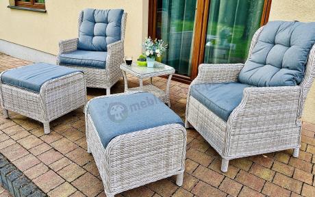 Meble technorattan dwa regulowane fotele + podnóżki + stolik Laritto Duo - Creme