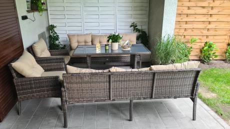 Meble technorattanowe na 8 osób z wysokim stołem Perata Grande Brown