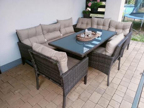 Meble technorattanowe na 8 osób z wysokim stołem Perata Grande Brown