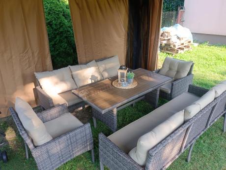 Meble technorattanowe na 8 osób z wysokim stołem polywood Perata Grande Brown