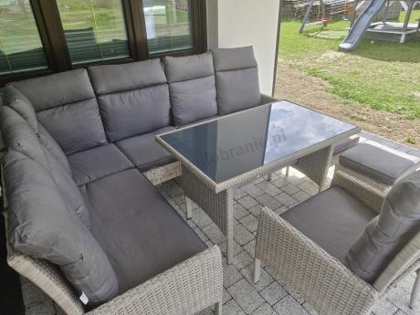 Meble technorattanowe narożne ze stołem 120x70cm, pufami i fotelem Lirata Corner - Light Grey