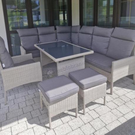 Meble technorattanowe narożne ze stołem 120x70cm, pufami i fotelem Lirata Corner - Light Grey