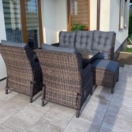 Meble technorattanowe premium na taras Laritto Dining + pufy - Dark Brown