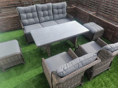 Meble technorattanowe premium na taras Laritto Dining + pufy - Dark Brown