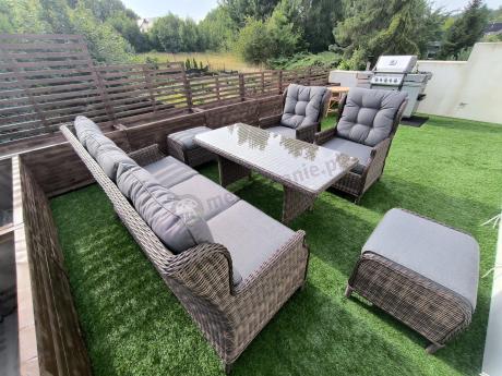 Meble technorattanowe premium na taras Laritto Dining + pufy - Dark Brown