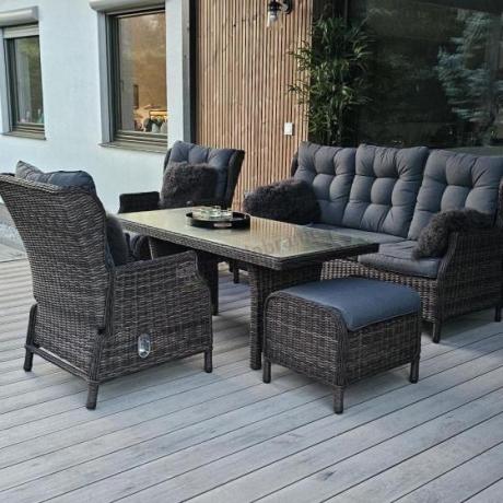 Meble technorattanowe premium na taras Laritto Dining + pufy - Dark Brown