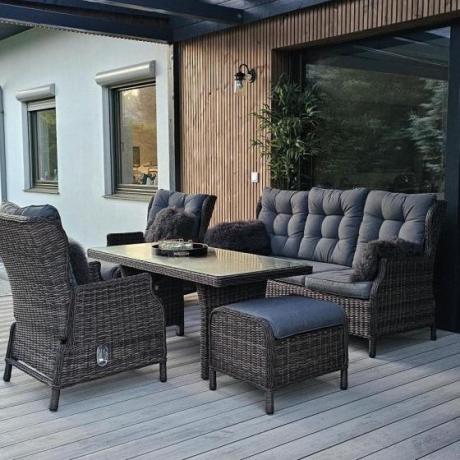 Meble technorattanowe premium na taras Laritto Dining + pufy - Dark Brown