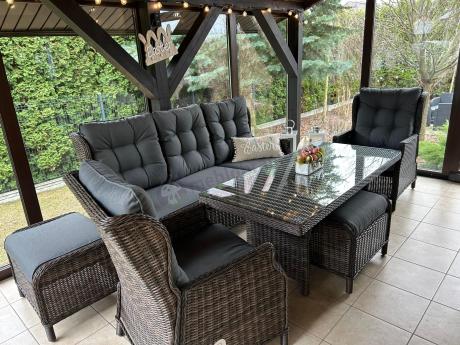 Meble technorattanowe premium na taras Laritto Dining + pufy - Dark Brown