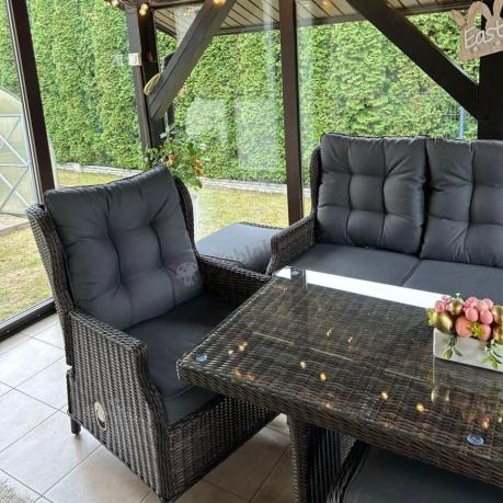 Meble technorattanowe premium na taras Laritto Dining + pufy - Dark Brown