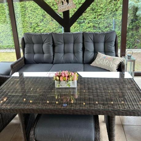 Meble technorattanowe premium na taras Laritto Dining + pufy - Dark Brown