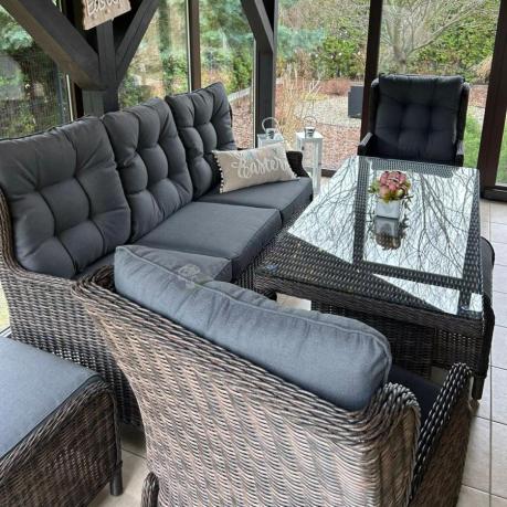 Meble technorattanowe premium na taras Laritto Dining + pufy - Dark Brown