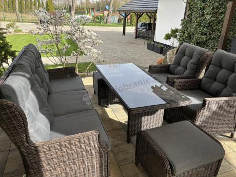 Meble technorattanowe premium na taras Laritto Dining + pufy - Dark Brown