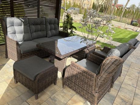 Meble technorattanowe premium na taras Laritto Dining + pufy - Dark Brown