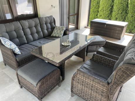 Meble technorattanowe premium na taras Laritto Dining + pufy - Dark Brown