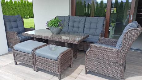 Meble technorattanowe premium na taras Laritto Dining + pufy - Dark Brown