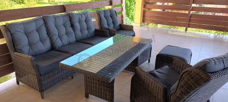 Meble technorattanowe premium na taras Laritto Dining + pufy - Dark Brown