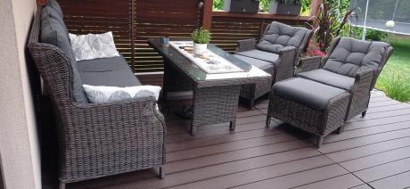 Meble technorattanowe premium na taras Laritto Dining + pufy - Dark Brown