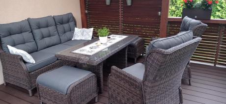 Meble technorattanowe premium na taras Laritto Dining + pufy - Dark Brown