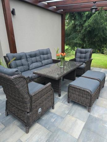 Meble technorattanowe premium na taras Laritto Dining + pufy - Dark Brown