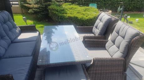 Meble technorattanowe premium na taras Laritto Dining + pufy - Dark Brown