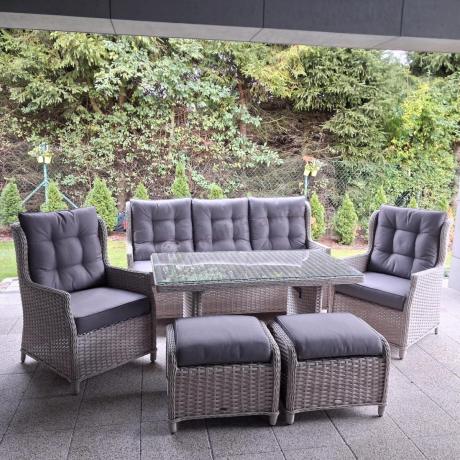 Meble technorattanowe z sofą 178cm, 2 fotelami, 2 pufami i stołem obiadowym Fiorento - Grey