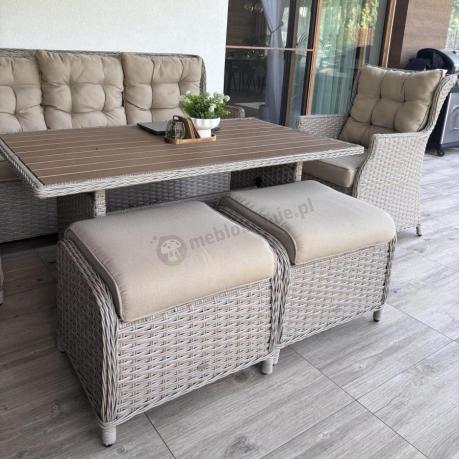 Meble technorattanowe z sofą 178cm, 2 fotelami, 2 pufami i stołem obiadowym polywood Fiorento - Beige