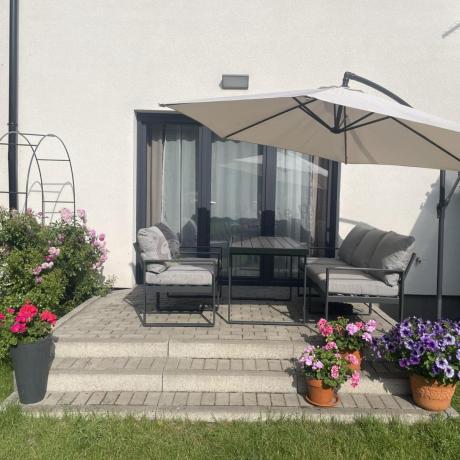 Metalowe meble na taras - zestaw z sofą i fotelami - Panaon Dining 140 Light Grey