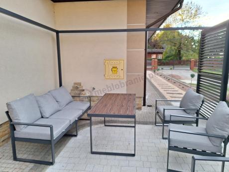 Metalowe meble na taras - zestaw z sofą i fotelami - Panaon Dining 140 Light Grey