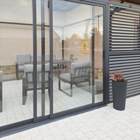 Metalowe meble na taras - zestaw z sofą i fotelami - Panaon Dining 140 Light Grey