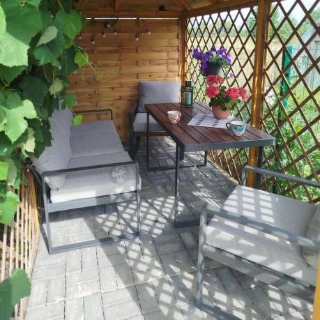 Metalowe meble na taras - zestaw z sofą i fotelami - Panaon Dining 140 Light Grey