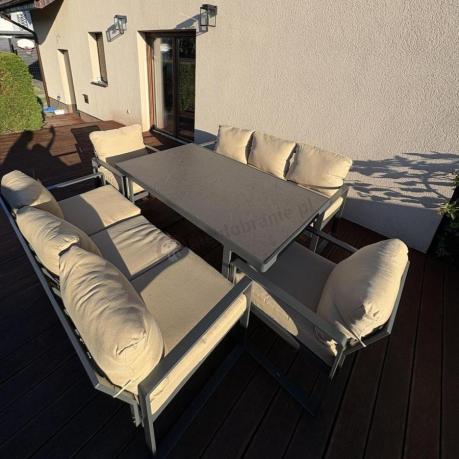 Metalowe meble na taras dla 8 osób ze stołem 160 cm ze szklanym blatem - Panaon Grande Elite B