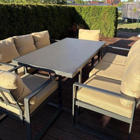 Metalowe meble na taras dla 8 osób ze stołem 160 cm ze szklanym blatem - Panaon Grande Elite B