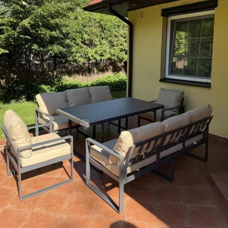 Metalowe meble na taras dla 8 osób ze stołem 160 cm ze szklanym blatem - Panaon Grande Elite B
