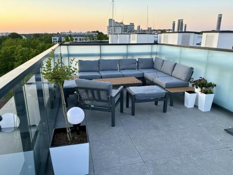 Metalowy komplet mebli na taras - narożnik + fotel - Calamba Corner XL - Grey