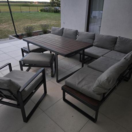 Metalowy narożnik na taras z dużym, wysokim stołem 160cm i fotelem - Panaon Corner XXL - Light Grey