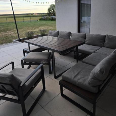 Metalowy narożnik na taras z dużym, wysokim stołem 160cm i fotelem - Panaon Corner XXL - Light Grey