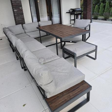 Metalowy narożnik na taras z dużym, wysokim stołem 160cm i fotelem - Panaon Corner XXL - Light Grey