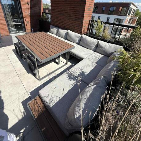 Metalowy narożnik na taras z dużym, wysokim stołem 160cm i fotelem - Panaon Corner XXL - Light Grey