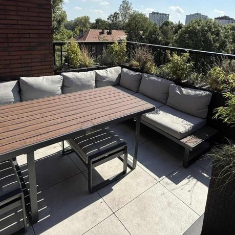 Metalowy narożnik na taras z dużym, wysokim stołem 160cm i fotelem - Panaon Corner XXL - Light Grey