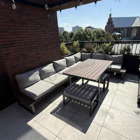 Metalowy narożnik na taras z dużym, wysokim stołem 160cm i fotelem - Panaon Corner XXL - Light Grey