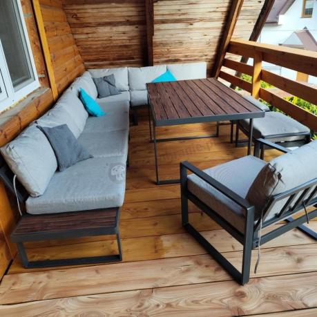 Metalowy narożnik na taras z dużym, wysokim stołem 160cm i fotelem - Panaon Corner XXL - Light Grey