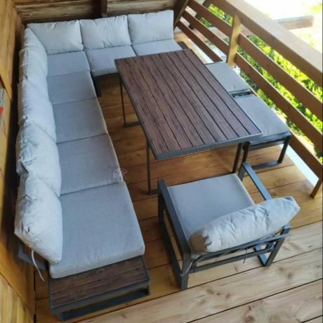 Metalowy narożnik na taras z dużym, wysokim stołem 160cm i fotelem - Panaon Corner XXL - Light Grey