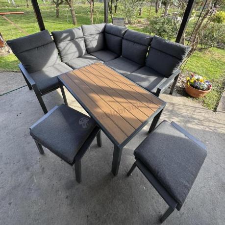 Metalowy narożnik na taras z pufami i stołem 120cm Doros Corner - Polywood Dark Grey