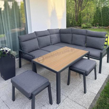 Metalowy narożnik na taras z pufami i stołem 120cm Doros Corner - Polywood Dark Grey