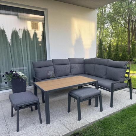 Metalowy narożnik na taras z pufami i stołem 120cm Doros Corner - Polywood Dark Grey
