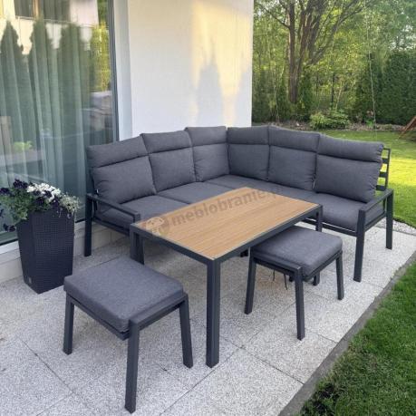 Metalowy narożnik na taras z pufami i stołem 120cm Doros Corner - Polywood Dark Grey