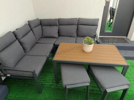 Metalowy narożnik na taras z pufami i stołem 120cm Doros Corner - Polywood Dark Grey