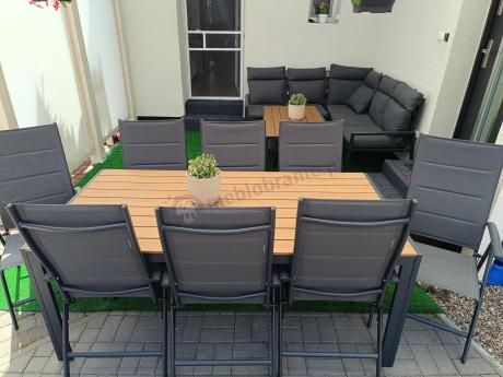 Metalowy narożnik na taras z pufami i stołem 120cm Doros Corner - Polywood Dark Grey