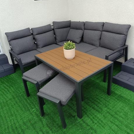 Metalowy narożnik na taras z pufami i stołem 120cm Doros Corner - Polywood Dark Grey